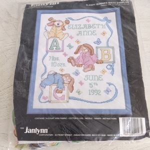 1992 cross stitch Janlynn Sleepy bunnies birth sampler 11x14 inch